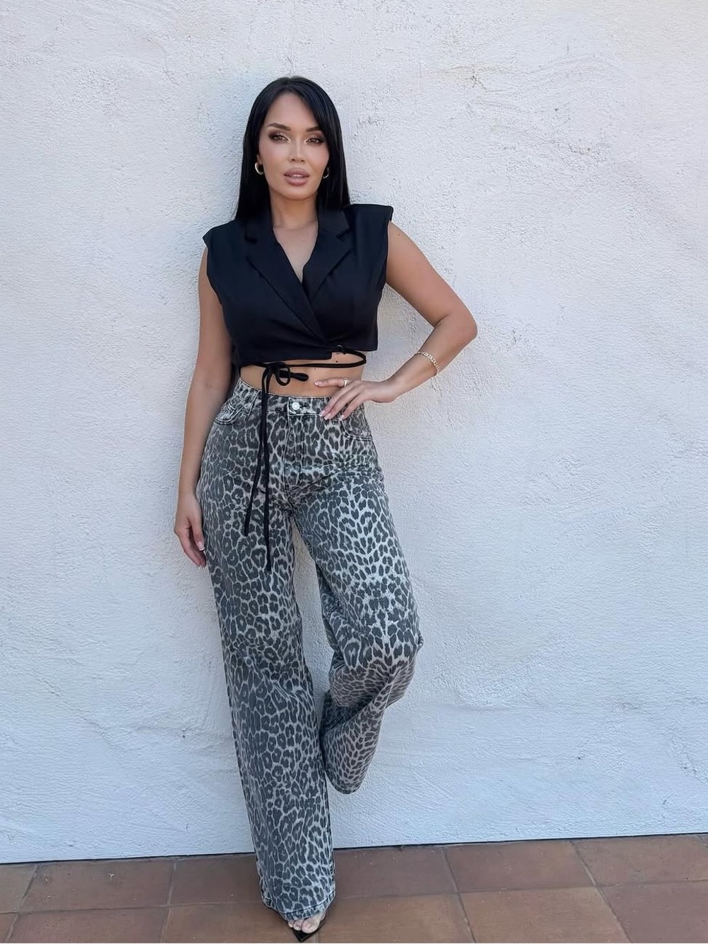 High-Waist Leopard Print Wide-Leg Pants - Gray